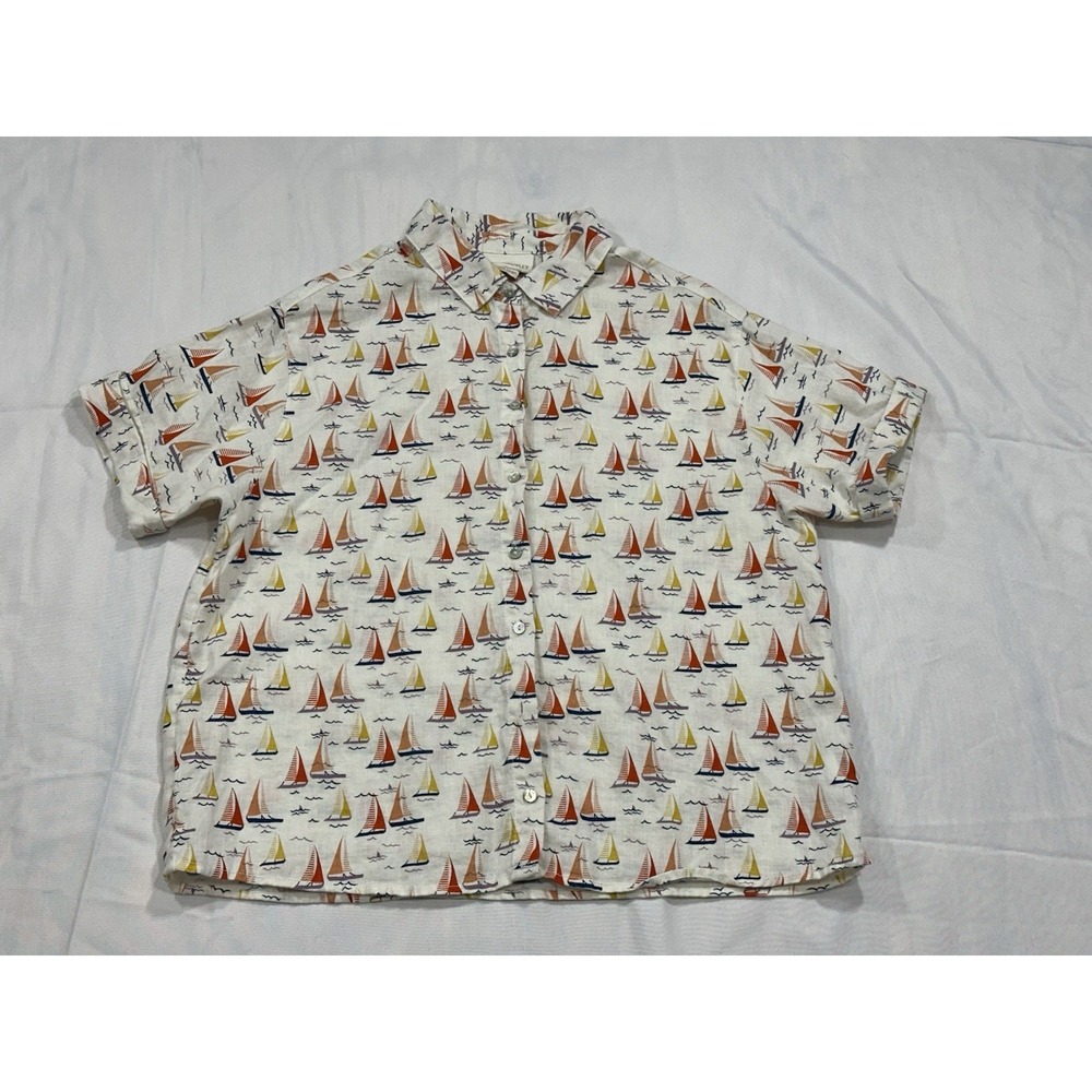 Cynthia Rowley Hawaiian Shirt Women's Medium Beige Sailboat 100% Linen Button-Up